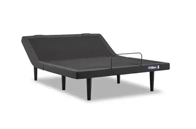 Adjustable black bed frame with metal rail