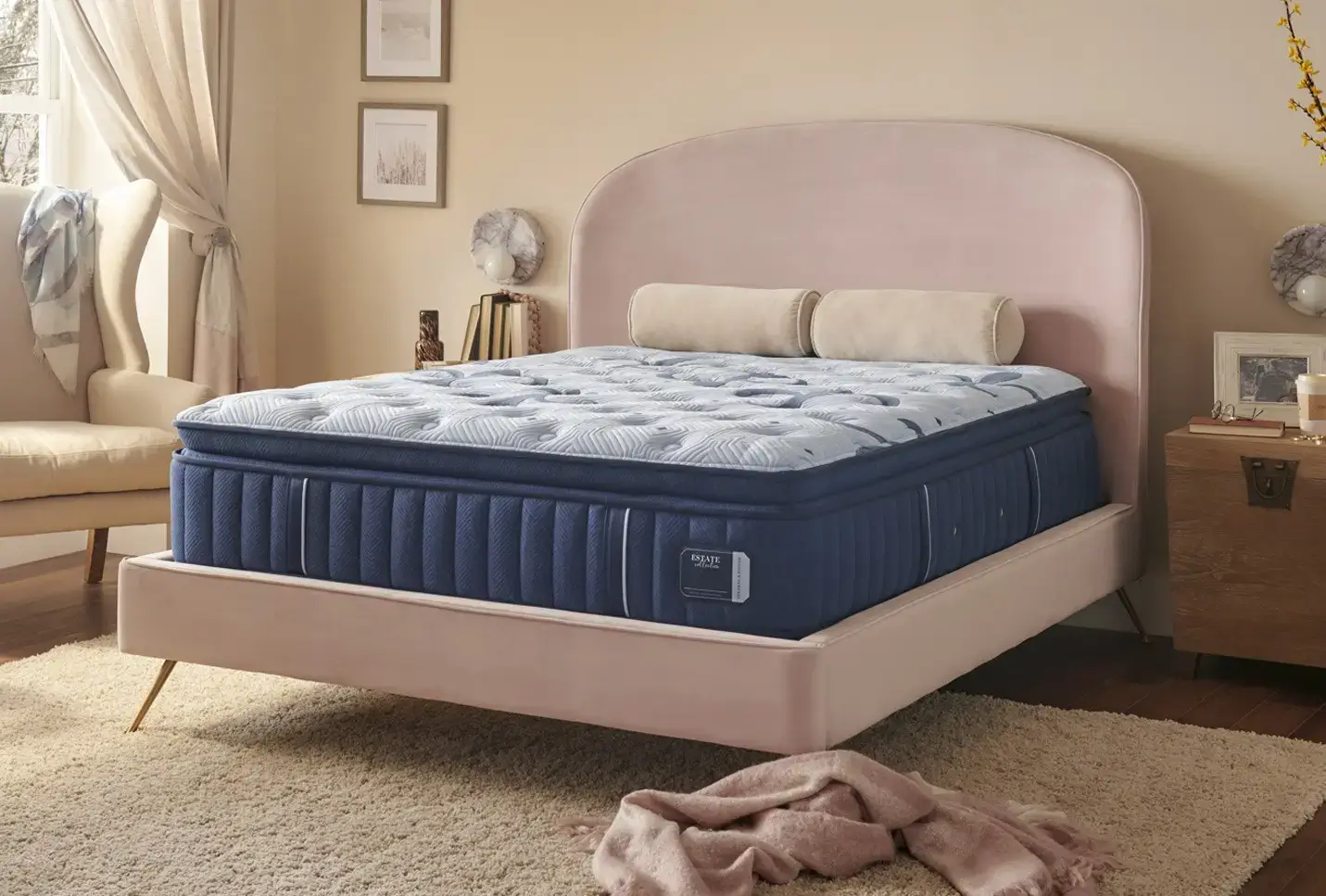 Luxury bed with modern blue mattress in cozy room