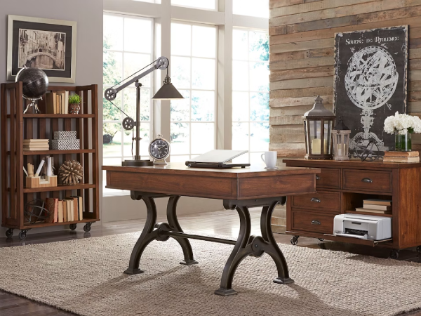 Rustic office with desk, shelves, and decor.
