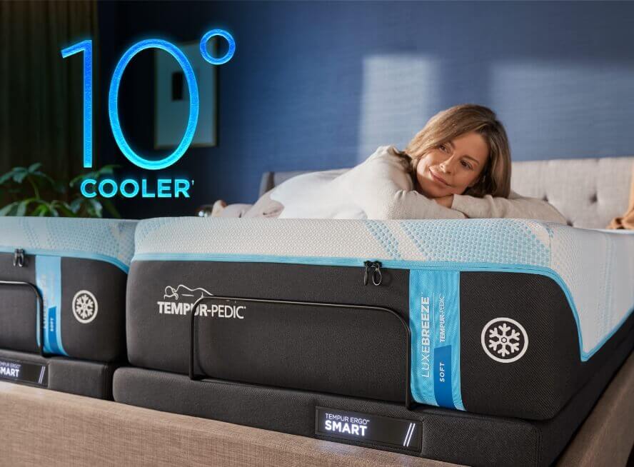 Woman relaxing on Tempur-Pedic mattress, 10 degrees cooler.