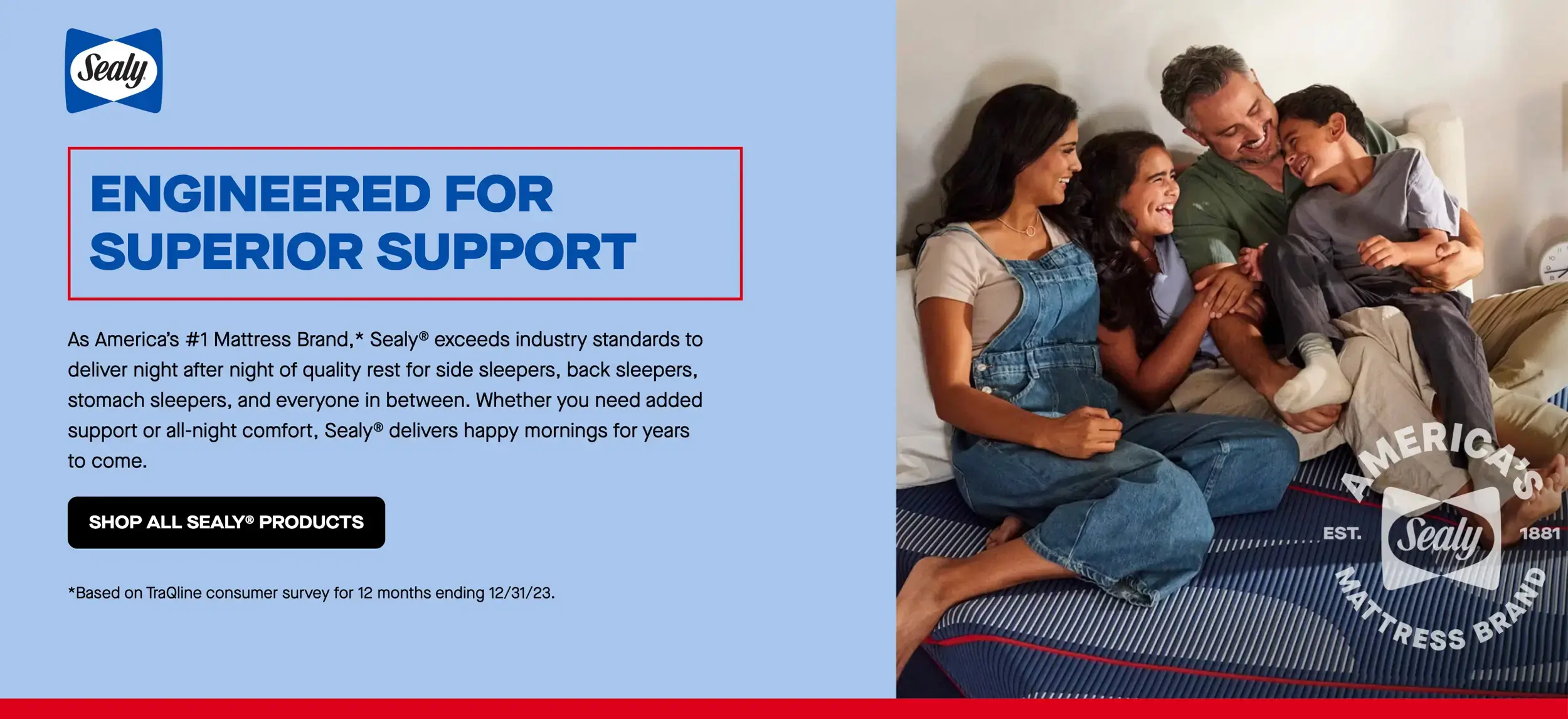 Sealy mattress offers engineered support for restful sleep.