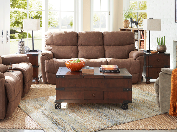 Cozy living room with brown furniture set.