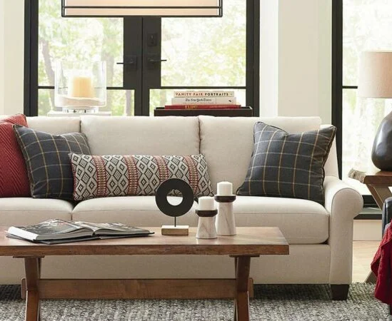 Modern living room with stylish couch and decor.